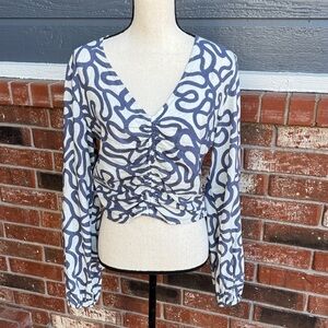 Everly Abstract Marble Linen Blend Crop Top Boho Coastal Blue Women's Medium